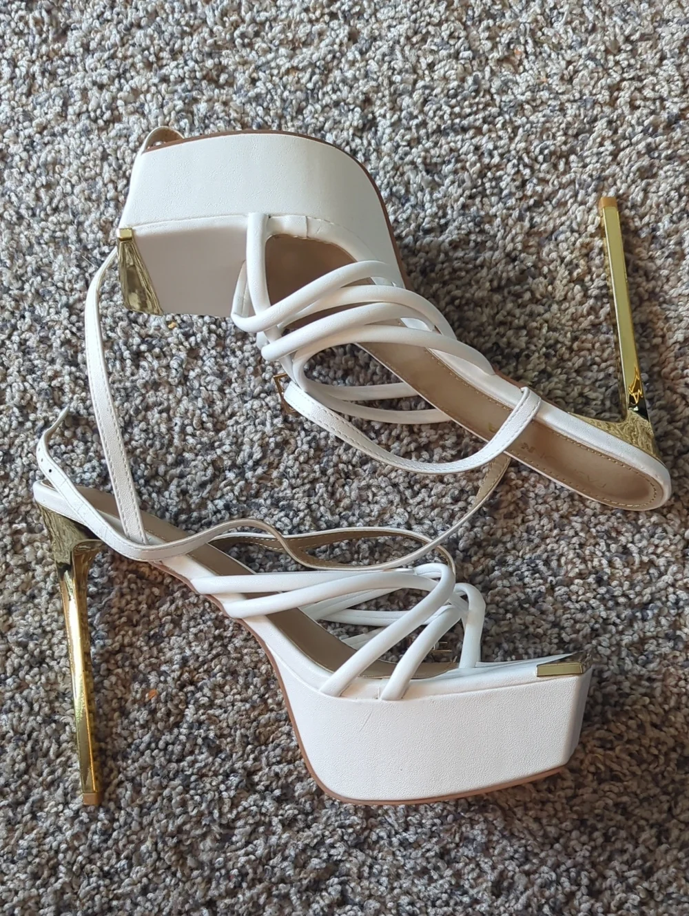Fashion Nova White Strappy Platform Heels with Gold Stiletto